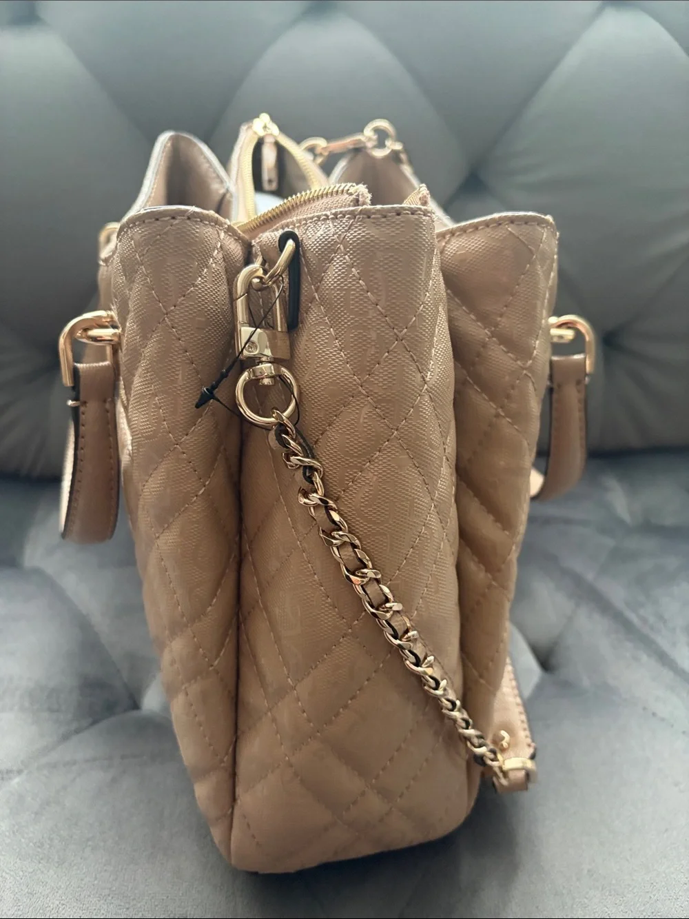 GUESS Quilted Satchel in Taupe with Gold Hardware